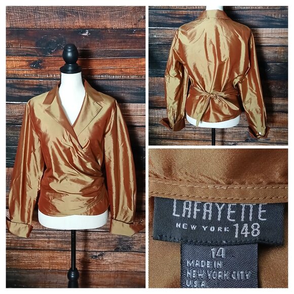 Lafayette 148 Vintage Silk Wrap Top Size 14 Metallic Bronze Tie Back Made in NY - Picture 1 of 10